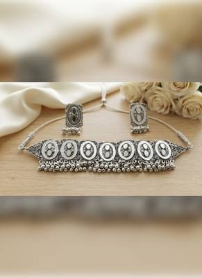 Oxidized silver mirror choker set, traditional ethnic indian jewelry for women, bollywood wedding & festival necklace 2