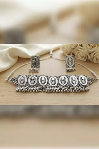 Oxidized silver mirror choker set, traditional ethnic indian jewelry for women, bollywood wedding & festival necklace