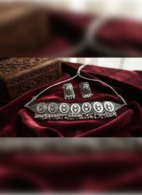 Oxidized silver mirror choker set, traditional ethnic indian jewelry for women, bollywood wedding & festival necklace 3