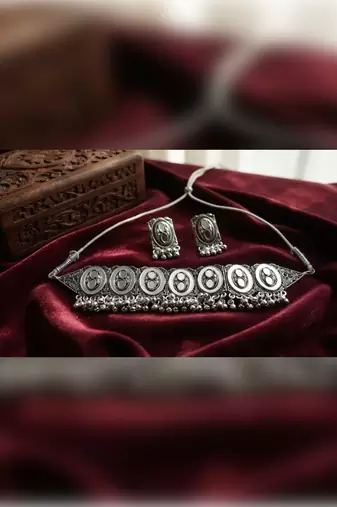 Oxidized silver mirror choker set, traditional ethnic indian jewelry for women, bollywood wedding & festival necklace