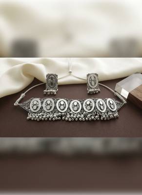 Oxidized silver mirror choker set, traditional ethnic indian jewelry for women, bollywood wedding & festival necklace 1