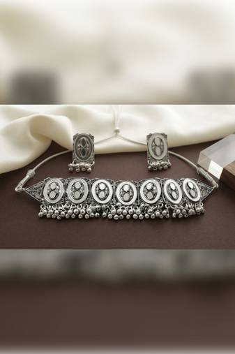 Oxidized silver mirror choker set, traditional ethnic indian jewelry for women, bollywood wedding & festival necklace