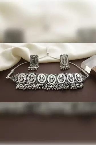 Oxidized silver mirror choker set, traditional ethnic indian jewelry for women, bollywood wedding & festival necklace