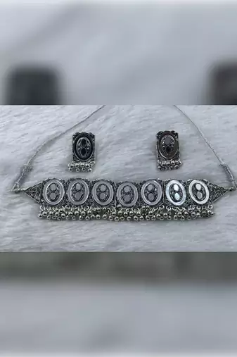 Oxidized silver mirror choker set, traditional ethnic indian jewelry for women, bollywood wedding & festival necklace