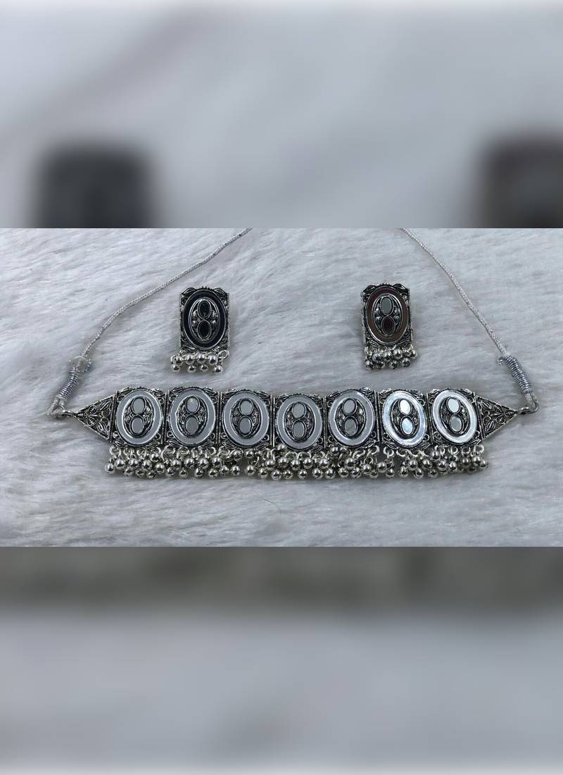 Oxidized silver mirror choker set, traditional ethnic indian jewelry for women, bollywood wedding & festival necklace