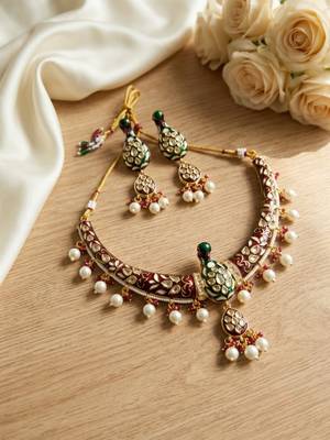 Royal peacock meenakari kundan necklace set with pearl drops | handcrafted indian bridal choker & earrings 1