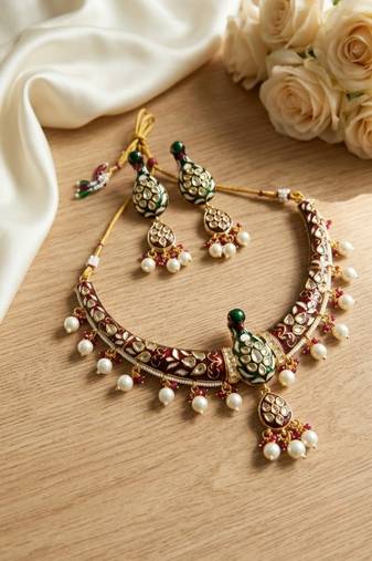 Royal peacock meenakari kundan necklace set with pearl drops | handcrafted indian bridal choker & earrings