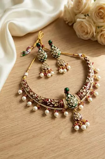 Royal peacock meenakari kundan necklace set with pearl drops | handcrafted indian bridal choker & earrings