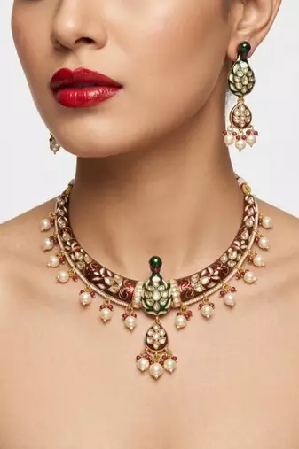 Royal peacock meenakari kundan necklace set with pearl drops | handcrafted indian bridal choker & earrings