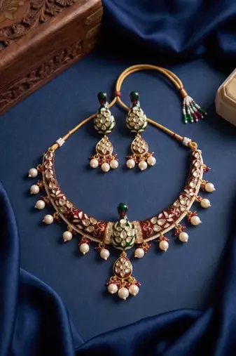 Royal peacock meenakari kundan necklace set with pearl drops | handcrafted indian bridal choker & earrings