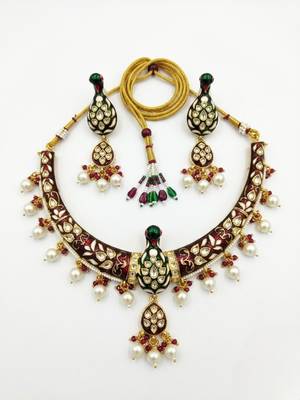 Royal peacock meenakari kundan necklace set with pearl drops | handcrafted indian bridal choker & earrings 4
