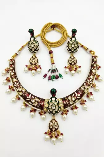 Royal peacock meenakari kundan necklace set with pearl drops | handcrafted indian bridal choker & earrings