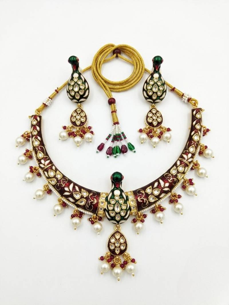Royal peacock meenakari kundan necklace set with pearl drops | handcrafted indian bridal choker & earrings