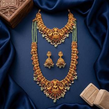 Temple jewelry combo set with mint green beads, lakshmi motif choker, long necklace & jhumkas for weddings 1