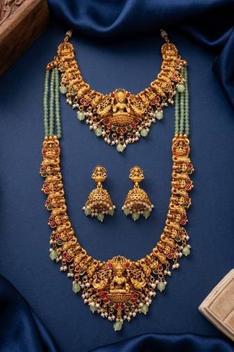 Temple jewelry combo set with mint green beads, lakshmi motif choker, long necklace & jhumkas for weddings