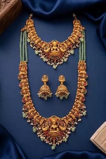 Temple jewelry combo set with mint green beads, lakshmi motif choker, long necklace & jhumkas for weddings