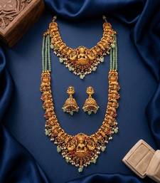 Temple jewelry combo set with mint green beads, lakshmi motif choker, long necklace & jhumkas for weddings