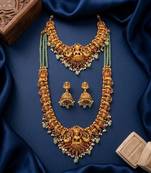 Temple jewelry combo set with mint green beads, lakshmi motif choker, long necklace & jhumkas for weddings