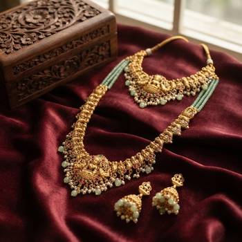 Temple jewelry combo set with mint green beads, lakshmi motif choker, long necklace & jhumkas for weddings 2