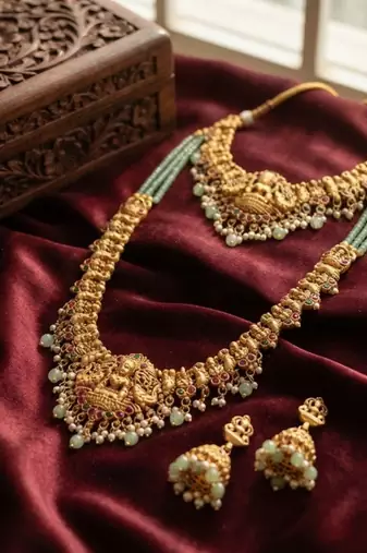 Temple jewelry combo set with mint green beads, lakshmi motif choker, long necklace & jhumkas for weddings