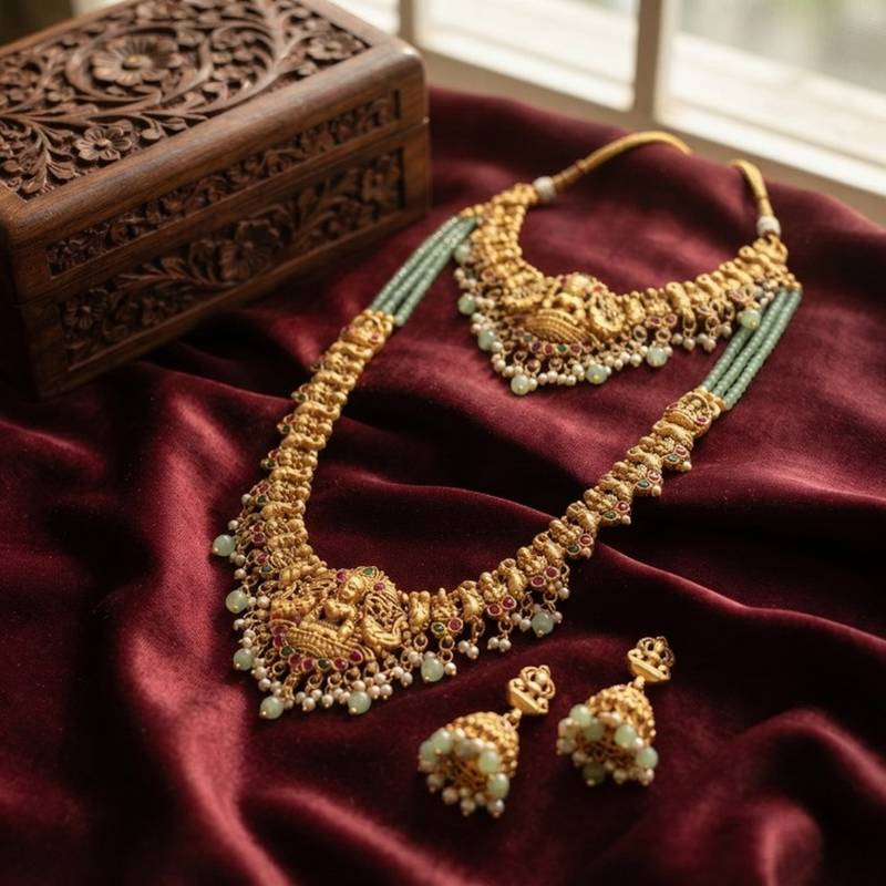 Temple jewelry combo set with mint green beads, lakshmi motif choker, long necklace & jhumkas for weddings