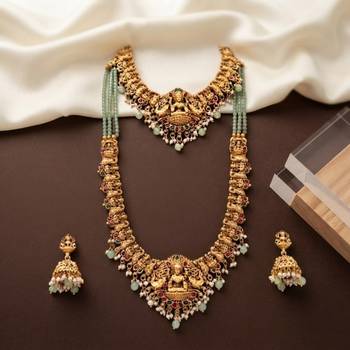 Temple jewelry combo set with mint green beads, lakshmi motif choker, long necklace & jhumkas for weddings 3