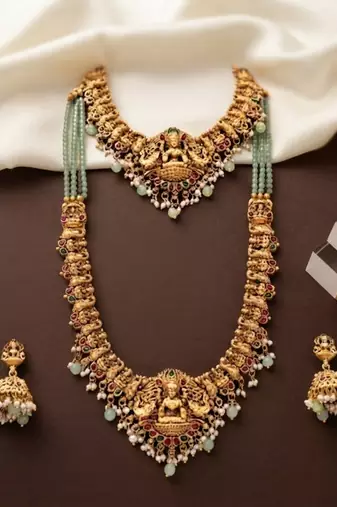 Temple jewelry combo set with mint green beads, lakshmi motif choker, long necklace & jhumkas for weddings