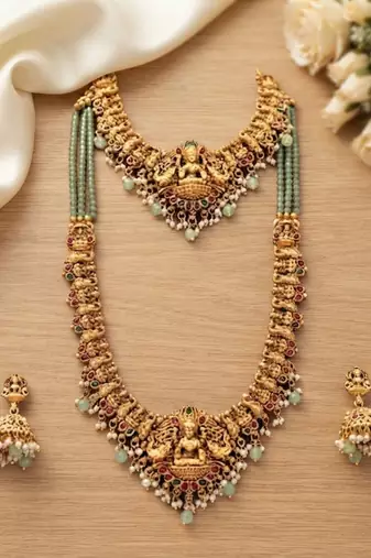 Temple jewelry combo set with mint green beads, lakshmi motif choker, long necklace & jhumkas for weddings