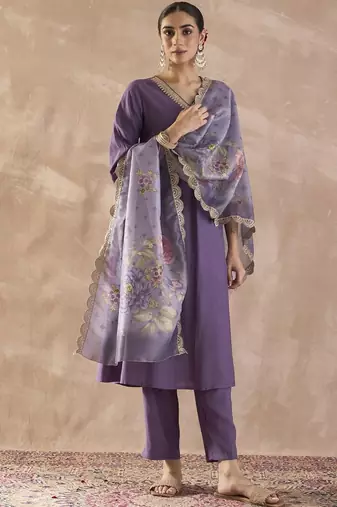 Sequinned A-Line Kurta With Trousers & Dupatta