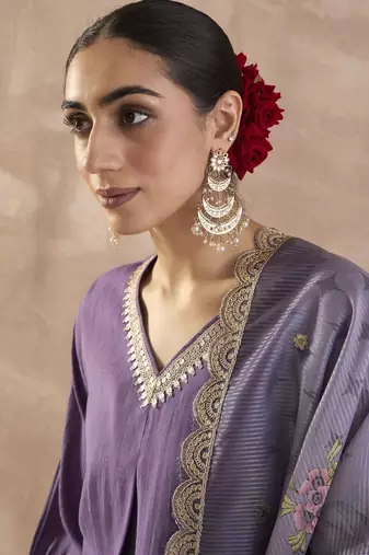Sequinned A-Line Kurta With Trousers & Dupatta