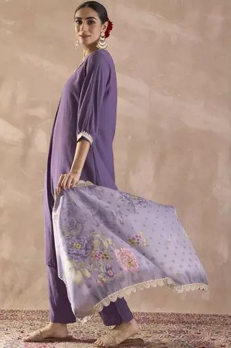 Sequinned A-Line Kurta With Trousers & Dupatta