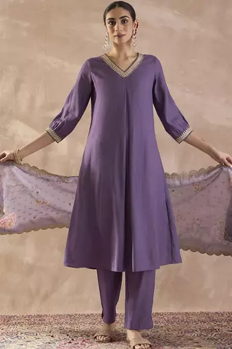 Sequinned A-Line Kurta With Trousers & Dupatta