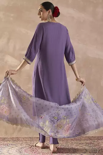 Sequinned A-Line Kurta With Trousers & Dupatta