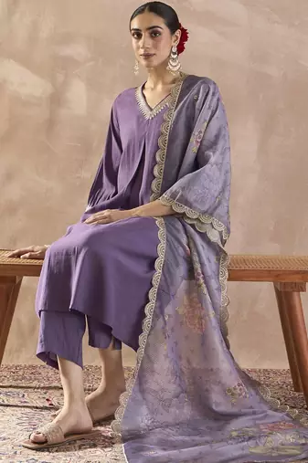 Sequinned A-Line Kurta With Trousers & Dupatta