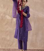 Ethnic Motifs Embroidered V-Neck Zari Straight Kurta With Trousers & Dupatta