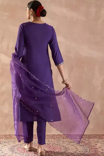 Ethnic Motifs Embroidered V-Neck Zari Straight Kurta With Trousers & Dupatta
