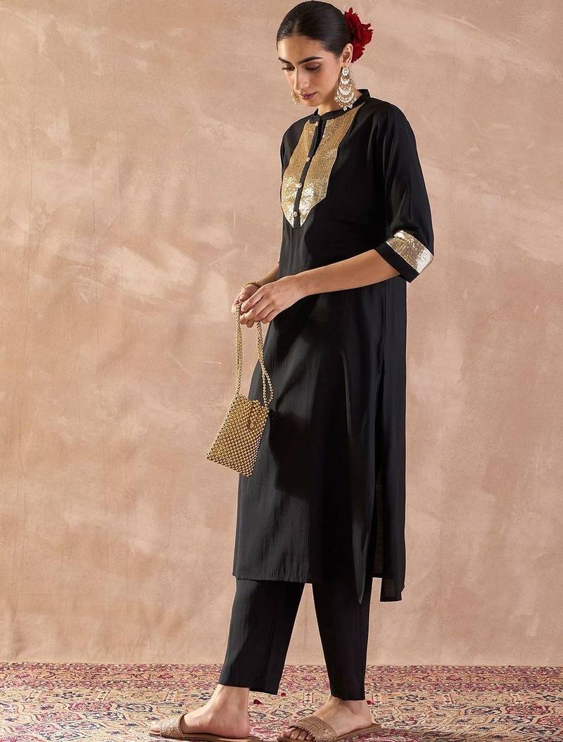 Embroidered Sequinned Straight Kurta With Trousers