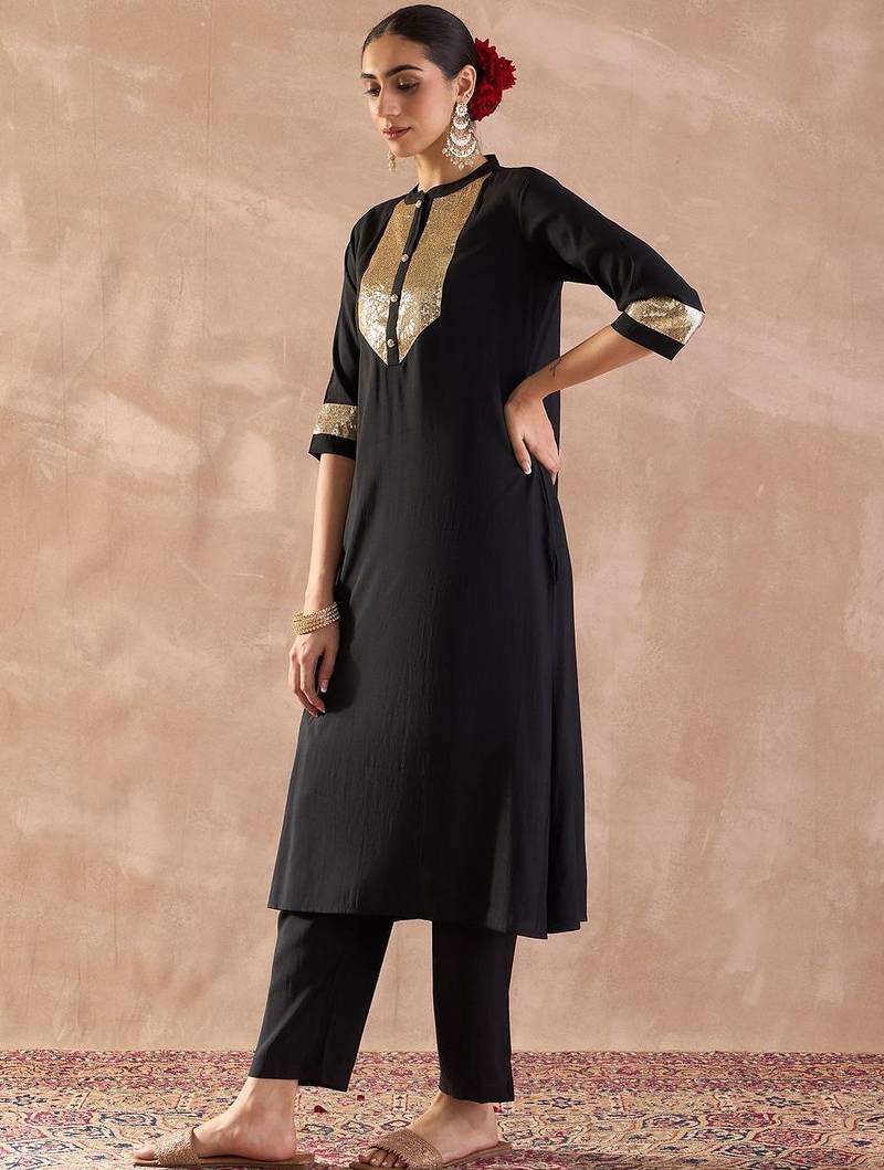 Embroidered Sequinned Straight Kurta With Trousers