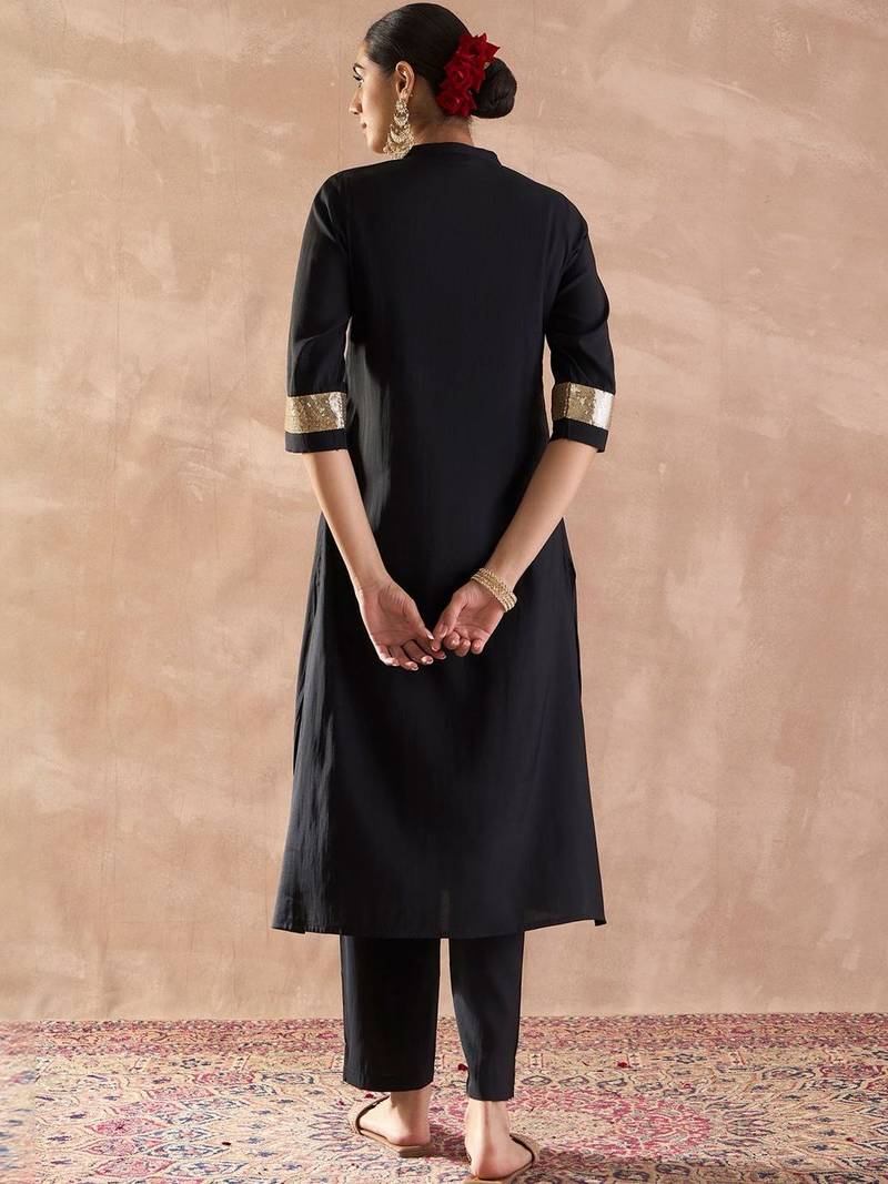 Embroidered Sequinned Straight Kurta With Trousers