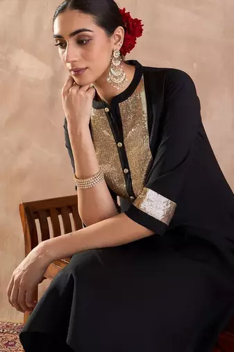Embroidered Sequinned Straight Kurta With Trousers