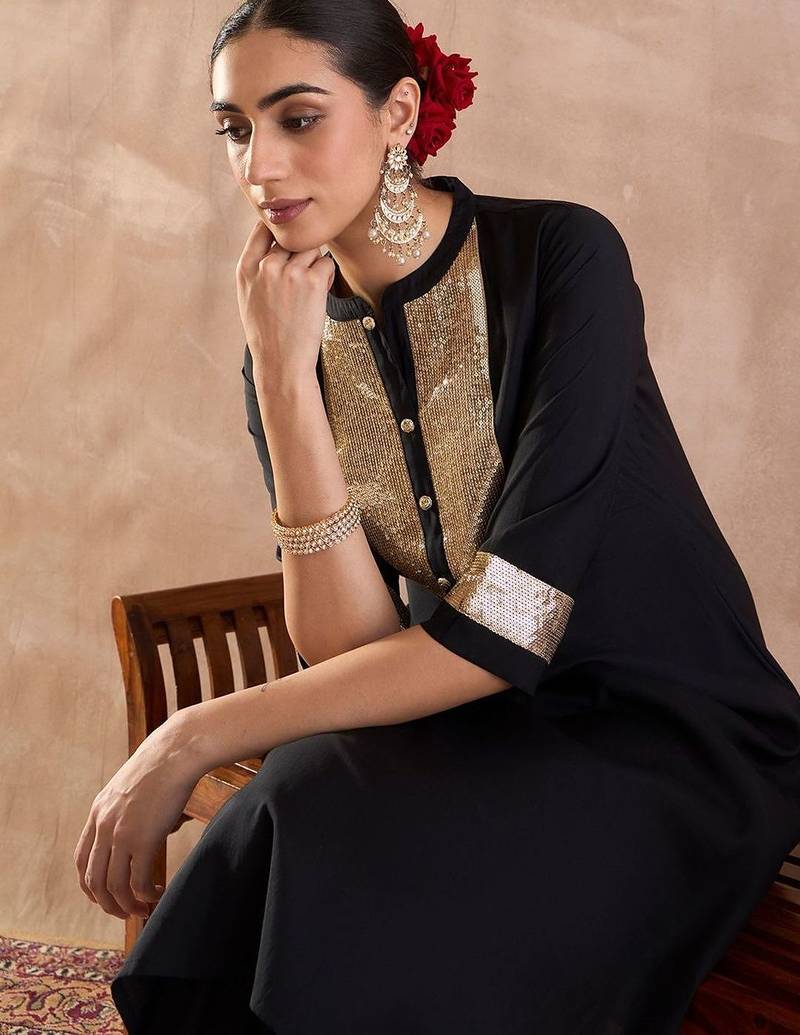 Embroidered Sequinned Straight Kurta With Trousers