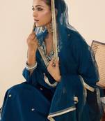 Floral Embroidered V-Neck Zari Straight Kurta With Trousers & Dupatta