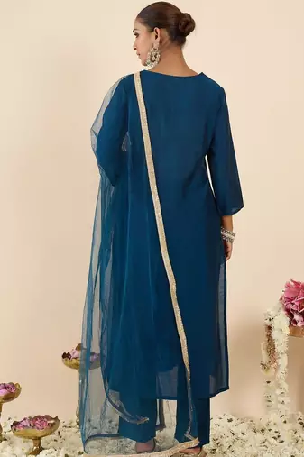 Floral Embroidered V-Neck Zari Straight Kurta With Trousers & Dupatta