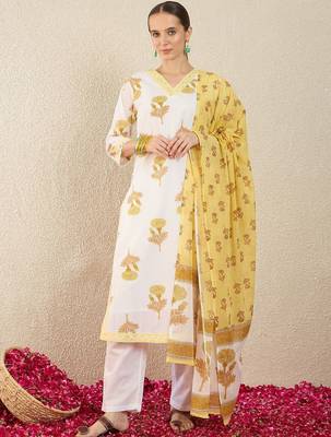 Women Floral Printed Regular Thread Work Pure Cotton Kurta with Trousers & With Dupatta 6