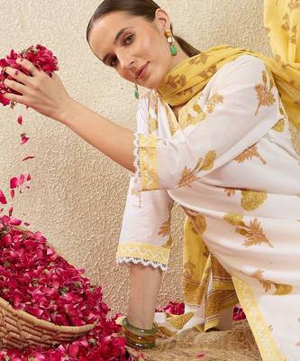 Women Floral Printed Regular Thread Work Pure Cotton Kurta with Trousers & With Dupatta 7
