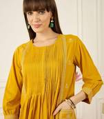 Flral Embroidered Pleated Thread Work Pure Cotton A-Line Kurta With Trousers