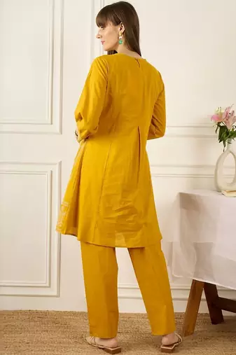 Flral Embroidered Pleated Thread Work Pure Cotton A-Line Kurta With Trousers