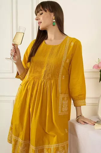 Flral Embroidered Pleated Thread Work Pure Cotton A-Line Kurta With Trousers