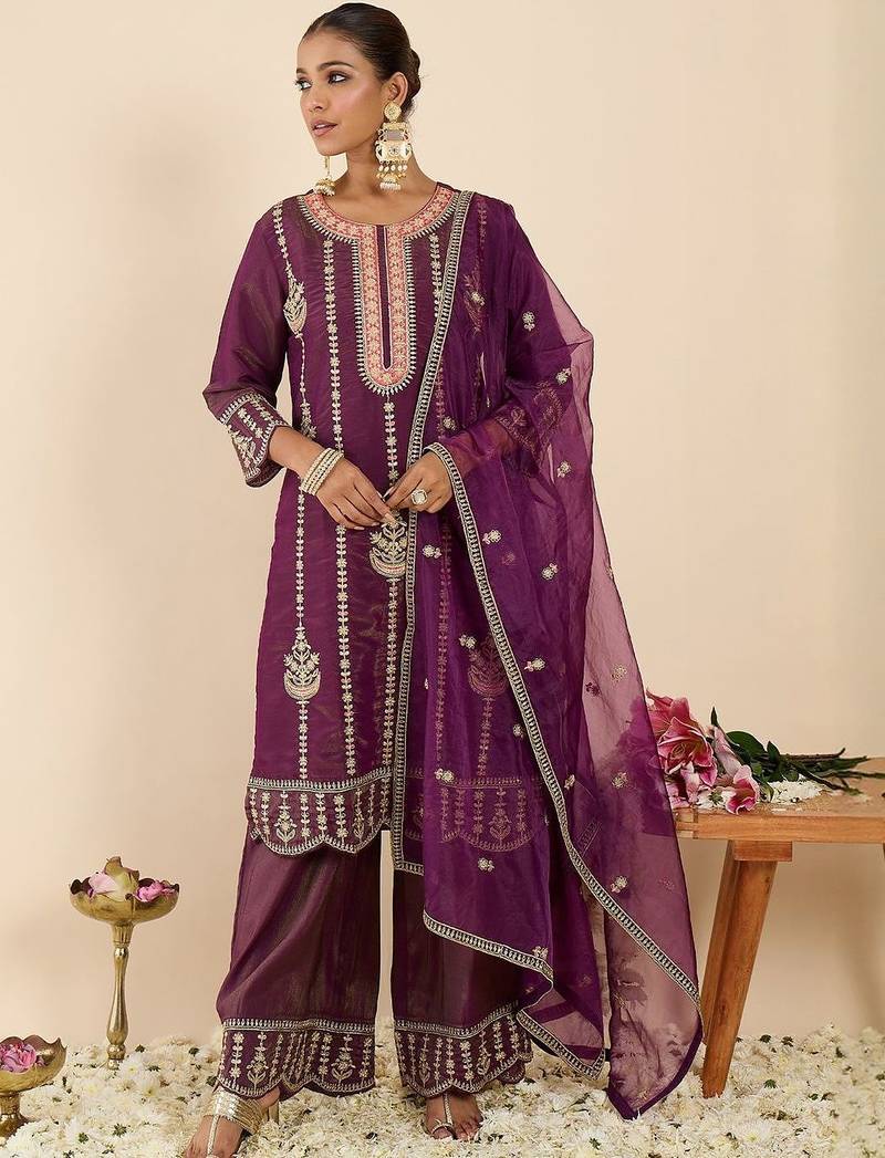 Women Ethnic Motifs Embroidered Regular Kurta with Palazzos & With Dupatta