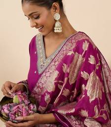 Floral Embroidered V-Neck Regular Straight Kurta With Trousers & Dupatta